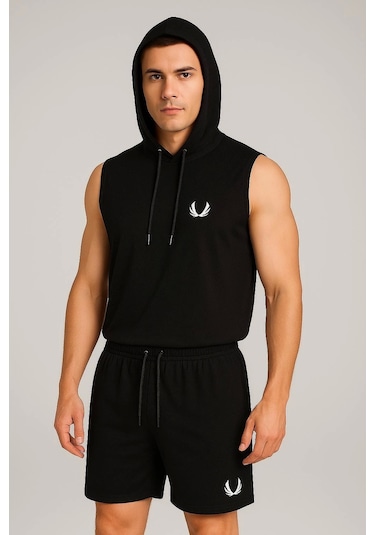 Erkek Lette Kapüşonlu Armalı Esnek Kolsuz Siyah Şortlu Takım Siyah