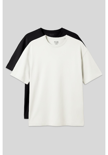 Basic Oversize O Yaka 2li Paket Siyah-ekru Erkek T-shirt - 88377 Siyah - Ekru