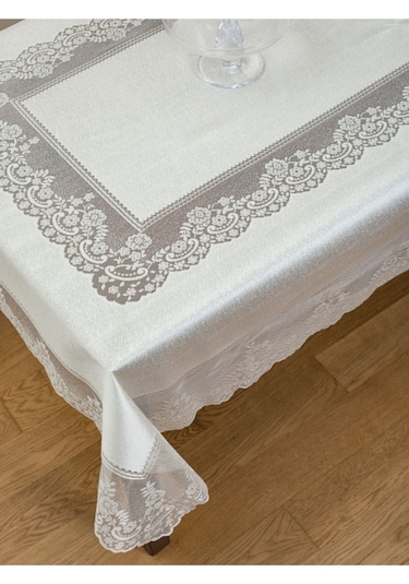 Çini Desenli Örme Leke Tutmaz Masa Örtüsü Ekru