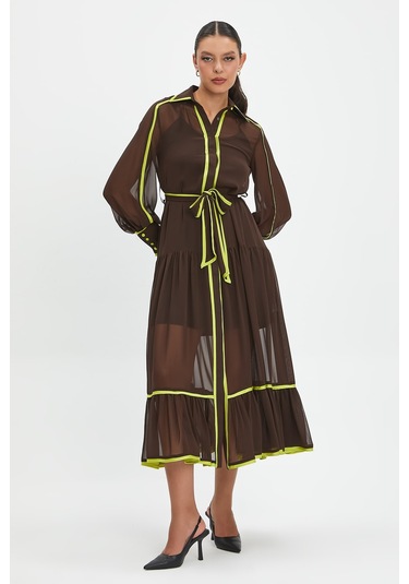 Şifon Ve Bağcıklı Midi Boy Elbise - Kontrast Şerit Detaylı - Günlük Ve Özel Günlük Şıklık Kahve