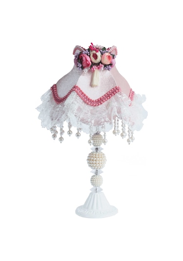 Kokoş Model Kadife Kaplı Çiçek Dekorlu Pudra Pembe Abajur