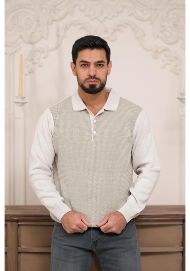 Woolen World Polo Yaka Armürlü Yünlü Erkek Triko Kazak Krem