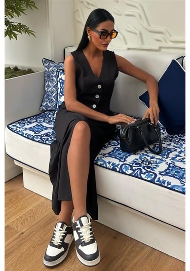 Moderie Butik Etek Yırtmaçlı Yelekli Keten Takım 10131 Si Yah