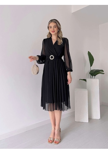 Tua Moda Kadın Şifon Kumaş Astalı Kloş Kesim Kruvaze Yaka Midi Boy Elbise Siyah
