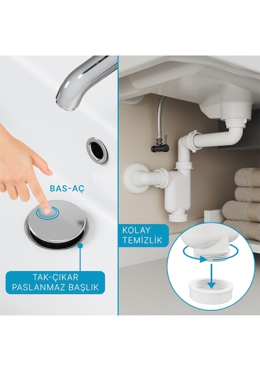 Aqua Bagno Smart Pop-up Sifon , Taşma Delikli Krom +comfort Yer Kazandıran Lavabo Sifonu -2 Parça Set