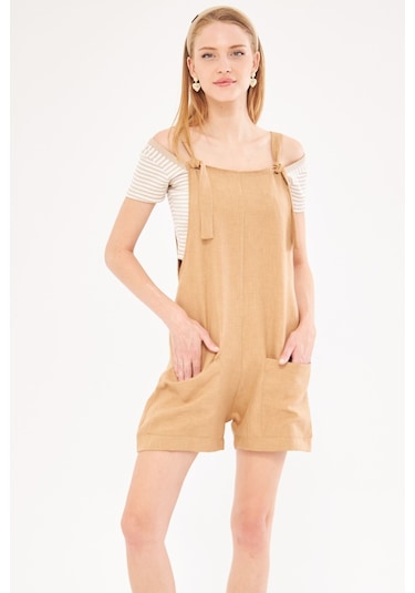 Armonika Kadın Camel Askıları Bağlama Detaylı Cepli Mini Tulum Arm-24y001077