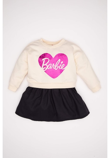 Defacto Kız Bebek Bisiklet Yaka Barbie Uzun Kollu Sweatshirt Elbise D2542A524AUER233 Ekru
