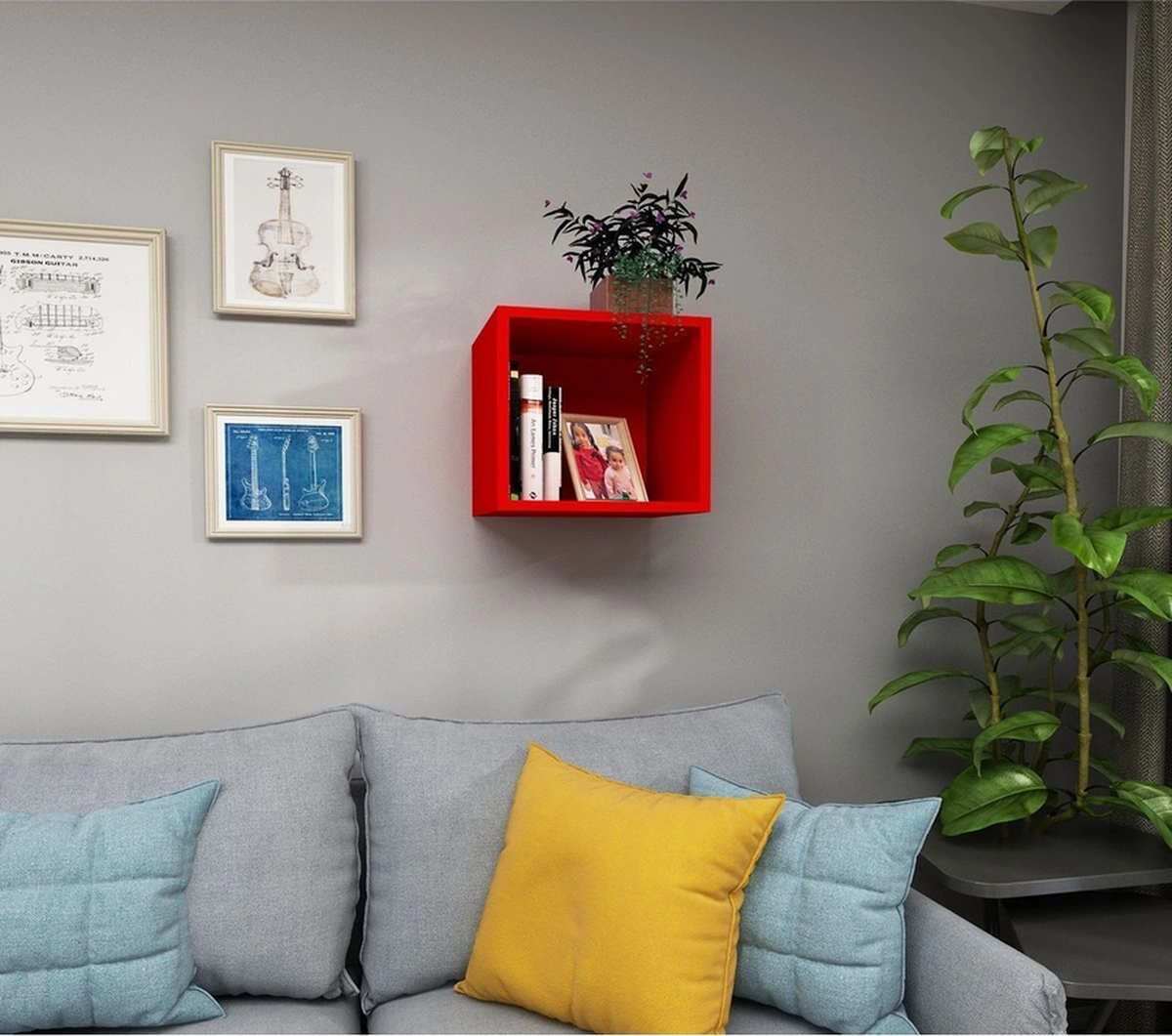 Kitaplık Kare Duvar Rafı Tekli Arkalıklı Mobilya Takım Kırmızı Kırmızı