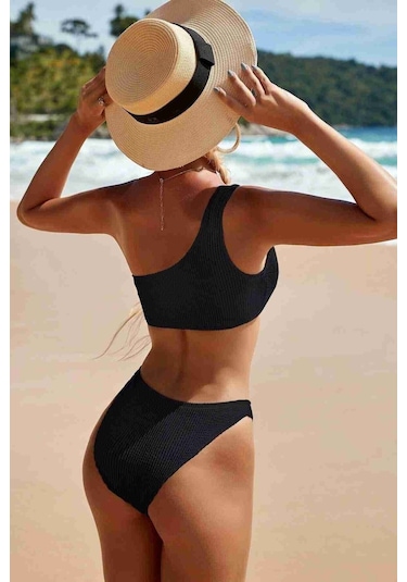 Angelsin Özel Fitilli Kumaş Bikini Takım Siyah 001