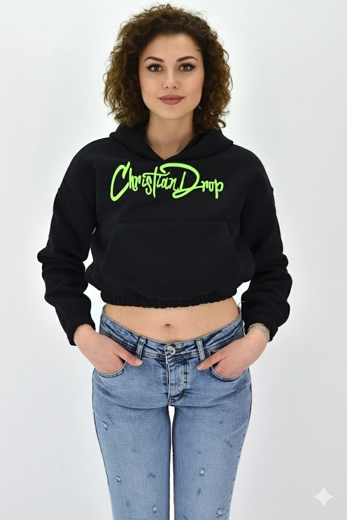 Kadın Neon Christian Drop Yazılı Kapüşonlu Crop Kesim Siyah Sweatshirt Nakış İşlemeli Siyah
