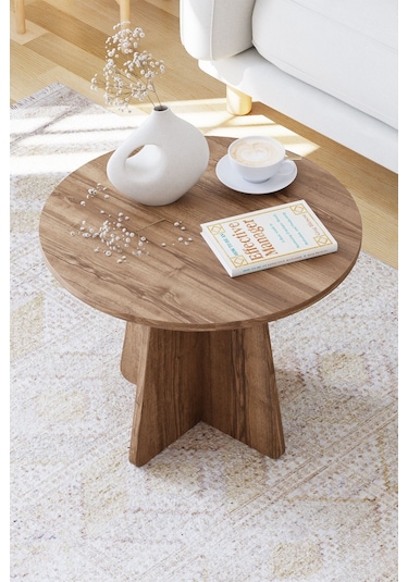 Mantar Orta Sehpa İskandinav Stili Yuvarlak Orta Sehpa 58 Cm - Ceviz