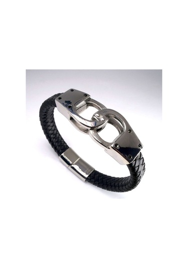 Erkek Siyah Ottoman Kelepçe Model Deri Çelik Bileklik Çelik