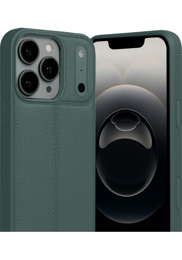 İphone Uyumlu 17 Pro Max Kılıf Focus Deri Desen Silikon Arka Kapak Koyu Yeşil