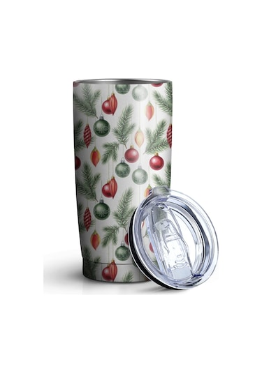 20oz Noel Desenli Seyahat Kahve Termosu, Kapaklı Paslanmaz Çelik Noel Süs Eşyası Çam Ağacı