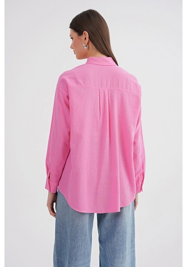 Mixray 4670 Kadın Cepli Oversize Basic Keten Gömlek Pembe