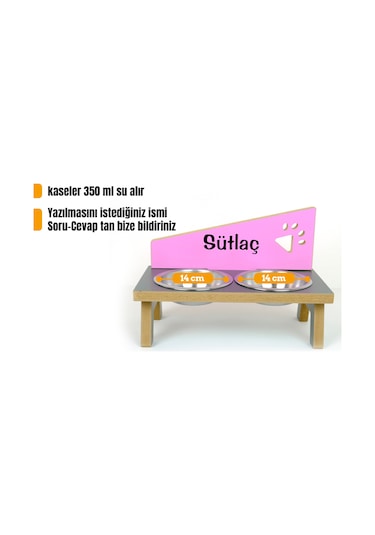 Realwood Ahşap Çelik Kaseli Özel İsim Baskılı Kedi Köpek Mama Su Kabı 450 ML