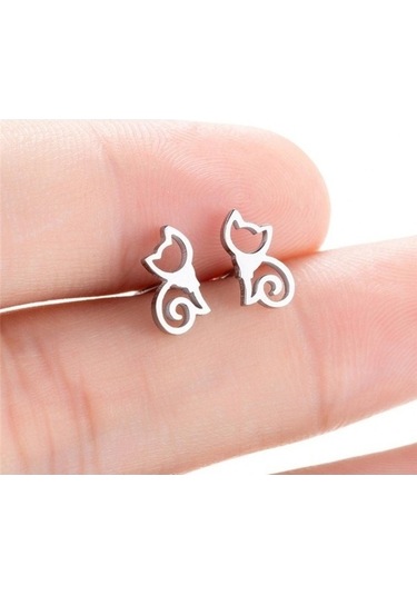 Fastbuy Gümüş Minimalist Kedi Küpe - Paslanmaz Çelik Saplama Kadın Takı Gümüş