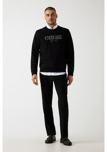 Guess Erkek Fleece Nakışlı Logo Sweatshirt - Siyah Siyah