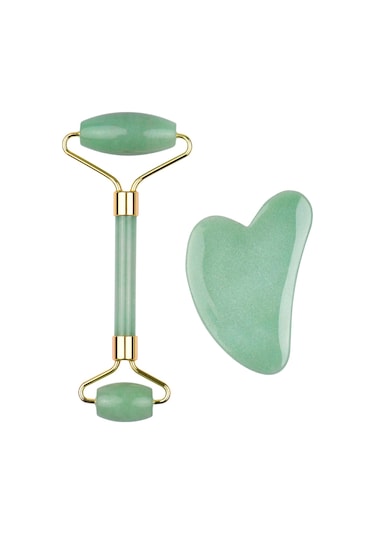 Gajeena Yeşil Jade Güzellik Aleti Seti: Kalp Şekilli Gövde/ Yüz Tırnak Ve İki Uçlu Rulman - Kas Gevşetici, Kuru Cilt Bakımı, Güzellik Masajı Yeşil