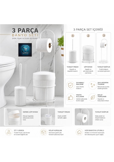 Premium Lüks 3 Lü Banyo Aksesuar Seti Modern Tasarım Beyaz