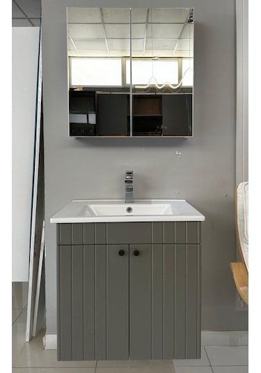 Banyo Dolabı Aynalı Cnc İşlemeli 65 Cm Gri Kulplu