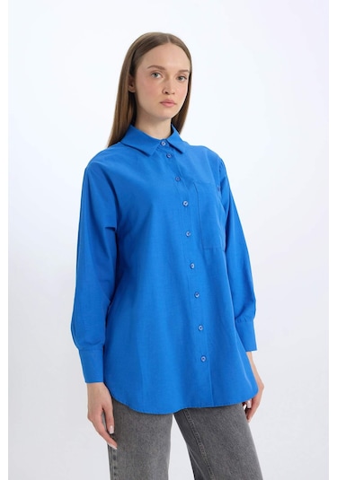 DeFacto Relax Fit Poplin Basic Düz Uzun Kollu Gömlek Tunik D7342AX25SPBE463 Mavi DeFacto Relax Fit Poplin Basic Düz Uzun Kollu Gömlek Tunik D7342AX25SPBE463 Mavi