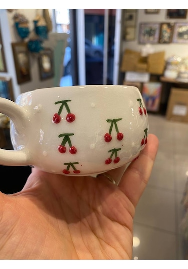 Seramik El Yapımı Fincan Takımı 2'li Set Kiraz Desenli Beyaz - Kırmızı