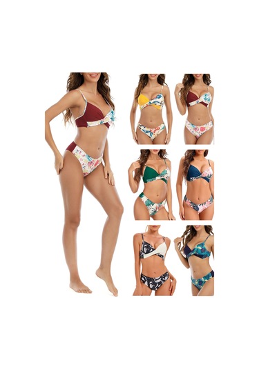 Mufunye Kadın Bikini İki Parça, Baskılı Desen, Ayarlanabilir Askı, Dolgulu Sütyen, Spor Ve Şık Stili, Kırmızı, Asya Beden L 8830 Bordo