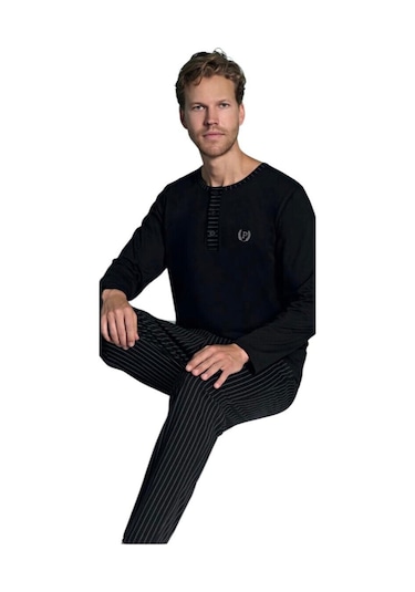 Pijadore Erkek %100 Pamuk Süprem Mevsimlik Uzun Kollu Pijama Takımı 1931 Siyah