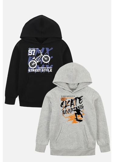 2'li Street Style-skate Boarding Baskılı Erkek Çocuk Kanguru Cepli Kapüşonlu Siyah-gri Sweatshirt Siyah - Gri4