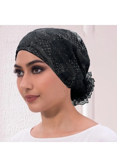 Novahub Kadınlar İçin Nefes Alabilen Yaprak İşlemeli Dantel Türban Şapkalar Siyah - Standart Siyah