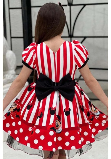 Riccotarz Kız Çocuk Üzeri Mc Maymun Baskılı Şerit Ve Çizgi Detaylı Kırmızı Elbise Kırmızı