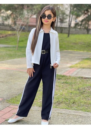 Modavals Kemer Hediyeli Beli Lastikli Şerit Detaylı Garson Boy Kız Çocuk Siyah Tulum & Ceket Kombin Çok Renkli Modavals Kemer Hediyeli Beli Lastikli Şerit Detaylı Garson Boy Kız Çocuk Siyah Tulum & Ceket Kombin Çok Renkli