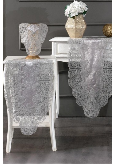 Fransız Güpürlü Kadife Sırma Salon Takımı 5 Parça Gri Gri