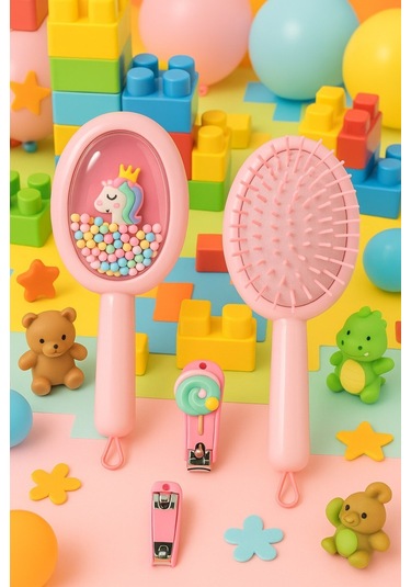 1 Adet Unicorn Figürlü Renkli Boncuklu Çocuk Saç Tarağı Fırçası Ve 1 Adet Tırnak Makası Seti Pratik