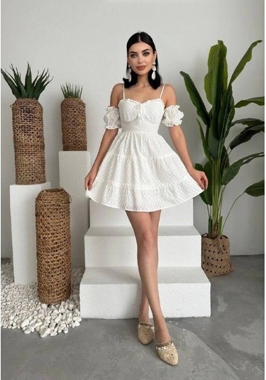 Lucca Kolu Lastikli Mini Elbise Beyaz