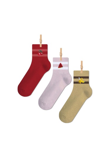 Meyve Nakışlı Dört Mevsim Unisex Renkli 3'lü Kısa Tenis Çorap Seti Çok Renkli