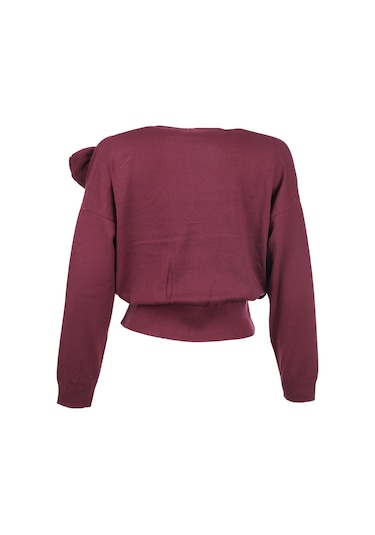 Unique Mode Minimalist V Yaka Uzun Kol Kadın Crop Hırka Mürdüm