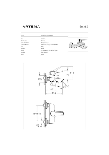 Artema Solid S A42440 - A42444 Lavabo + Banyo Batarya Seti