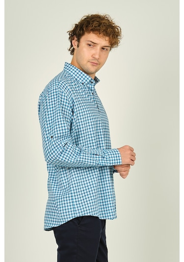 Figs Erkek Slim Fit Ekoseli Uzun Kollu %100 Pamuk Gömlek 0016 Mavi Mavi