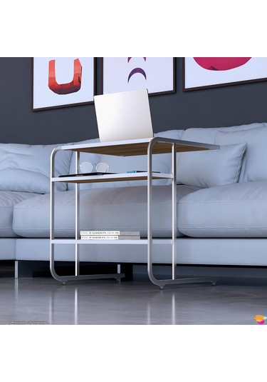 Modilayn C Yan Sehpa Geniş Boy Tekerlekli Çalışma, Atıştırmalık, Yemek, Laptop Sehpası Meşe Beyaz - Meşe