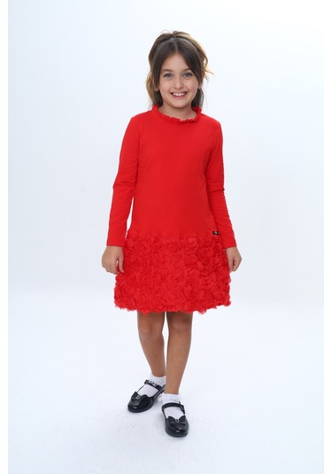 Toontoy Kız Çocuk Yaka Fırfır Etek 3d Güllü Elbise Kırmızı