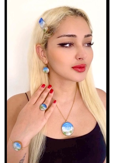 Altın Kaplama Çelik Kolye Küpe Bileklik Yüzük ve Saç tokası Mavi