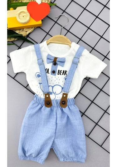 9-12-18-24 Ay Papyon Detaylı Keten Şort Salopet Tişörtlü 2li Erkek Bebek Takımı Mavi