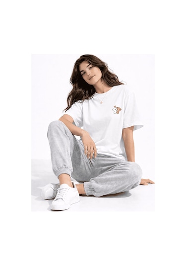 Sevgili Kombini Ayıcık Baskılı Çift Tişört Oversize Unisex Partne Beyaz