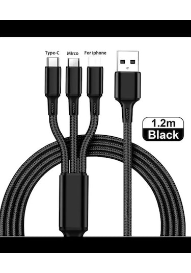3 In 1 Type C Micro Usb 3'Lü Hızlı Şarj Kablosu 3 Amper