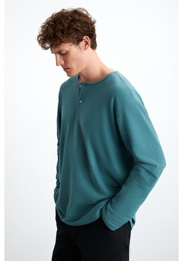 Lorenzo  Erkek Özel Rustik Dokulu %100 Organik Pamuk Düğme Detaylı Regular Yeşil Sweatshirt