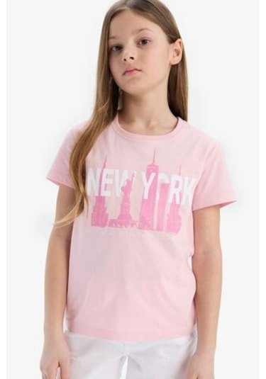 DeFacto Kız Çocuk Bisiklet Yaka Baskılı Kısa Kollu Tişört E0349A825SMPN47 Pembe