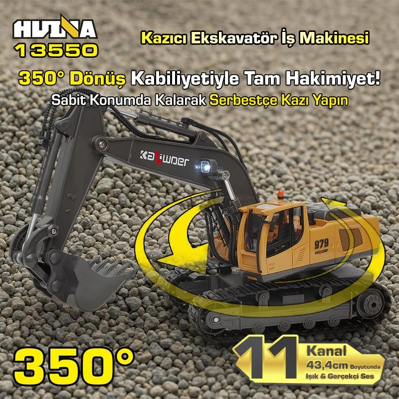 Huına Kaliwo 13550 1/18 11ch Kazıcı Ekskavatör İş Makinesi İnşaat Uzaktan Kumandalı Rc Model Metal Kepçeli Sarı - 2.4ghz Gerçekçi Similasyon Ses Ve Işık Sistemi