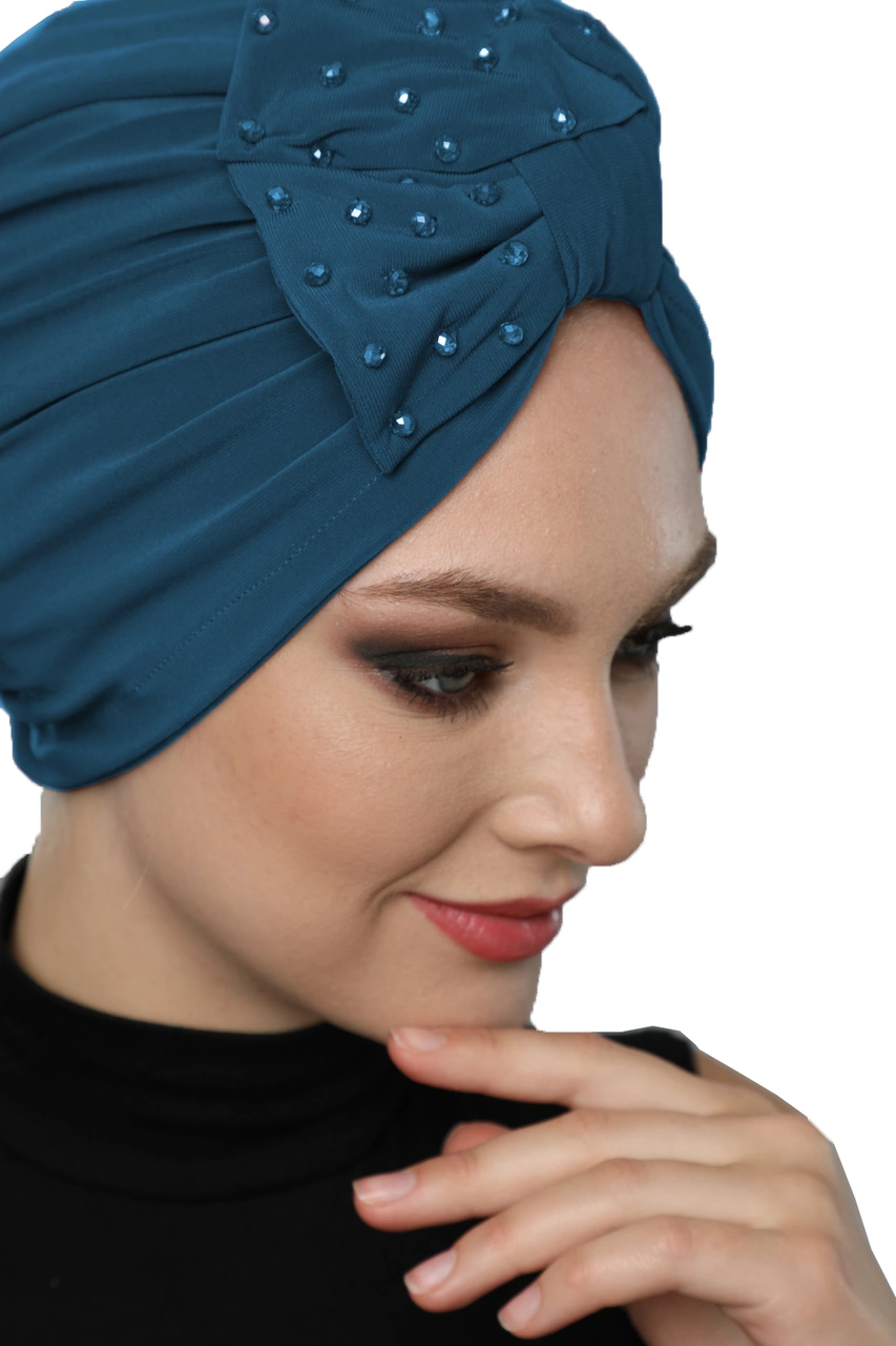 Kristal Yelpaze Taş Işlemeli Çift Taraflı Astarlı Petrol Hazır Türban Tesettür Abiye Bone Petrol